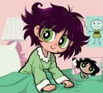  1girl bangs blanket buttercup_(ppg) buttercup_redraw_challenge c: centinel303 closed_mouth comparison derivative_work drawing eyebrows_visible_through_hair green_eyes green_pajamas long_sleeves looking_at_viewer messy_hair on_bed pajamas pillow powerpuff_girls reference_inset screencap_redraw smile 