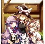  alice_margatroid apron bad_id bad_twitter_id blonde_hair blue_eyes book bow braid brown_eyes capelet crescent eredhen hair_bow hair_ribbon hairband hat hat_ribbon jewelry kirisame_marisa long_hair long_sleeves looking_at_viewer mob_cap multiple_girls one_eye_closed patchouli_knowledge purple_eyes purple_hair ribbon ring shirt short_hair side_braid single_braid smile touhou tress_ribbon vest waist_apron wide_sleeves witch_hat 