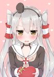  amatsukaze_(kantai_collection) blush box brown_eyes choker embarrassed gift gift_box heart heart-shaped_box heart_background incoming_gift kantai_collection long_hair looking_at_viewer open_mouth pink_background school_uniform serafuku silver_hair solo two_side_up uchuuneko valentine wavy_mouth 