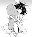  animal_ears barefoot bunny_ears carrot_pillow dress frilled_dress frills greyscale inaba_tewi lying monochrome on_back pillow puffy_short_sleeves puffy_sleeves sawayaka_samehada short_hair short_sleeves solo touhou 