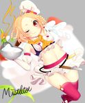  blonde_hair bow braid character_name cream crop_top flower_knight_girl grey_background hair_rings hat kkmm_0216 looking_at_viewer midriff mixing_bowl one_eye_closed orange_bow red_eyes red_legwear short_hair skirt smile solo spatula thighhighs whisk white_hat white_skirt yadorigi_(flower_knight_girl) zettai_ryouiki 