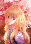  blonde_hair cherry_blossoms lips long_hair miyazono_kawori necktie petals purple_eyes shigatsu_wa_kimi_no_uso smile solo wallacexi 