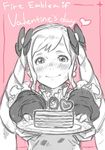  bad_id bad_twitter_id blush dessert elise_(fire_emblem_if) fire_emblem fire_emblem_if food hair_ribbon kozaki_yuusuke long_hair monochrome plate ribbon solo twintails valentine 