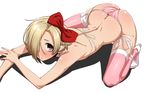  all_fours ass bags_under_eyes bare_back bare_shoulders bikini blonde_hair blush body_blush bow butt_crack chikuishi dimples_of_venus earrings full_body hair_bow hair_over_one_eye high_heels idolmaster idolmaster_cinderella_girls jewelry looking_at_viewer pink_legwear red_bow red_eyes ribbon shirasaka_koume simple_background skull_earrings solo sweatdrop swimsuit tareme thighhighs white_background white_ribbon 