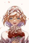  alice_margatroid bad_id bad_twitter_id blonde_hair blush bouquet capelet eredhen face flower green_eyes hair_ribbon happy highres looking_at_viewer open_mouth petals portrait ribbon rose short_hair smile solo touhou 