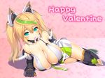  asamura_hiori bare_shoulders belt black_gloves black_panties blonde_hair blush breast_press breasts cleavage closed_mouth collarbone detached_collar eyebrows eyebrows_visible_through_hair eyelashes food_in_mouth full_body gene_(pso2) gloves green_hair hair_between_eyes hair_ornament happy_valentine headgear heart highres large_breasts long_hair looking_at_viewer lying miniskirt mouth_hold multicolored_hair on_side panties panty_straps phantasy_star phantasy_star_online_2 pink_background pleated_skirt shadow skirt smile solo strap_slip streaked_hair thighhighs twintails underwear valentine 