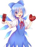  :d ;d blue_dress blue_eyes blue_hair blush bow box chikuwa_savi chocolate cirno commentary dress gift gift_box hair_bow head_tilt heart-shaped_box highres ice ice_wings looking_at_viewer one_eye_closed open_mouth puffy_short_sleeves puffy_sleeves shirt short_sleeves smile solo teeth touhou valentine wings 