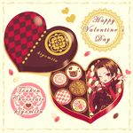  ;d bitikara boots box box_of_chocolates brown_hair candy character_name chocolate fang food happy_valentine heart heart-shaped_box in_box in_container jelly_bean kashuu_kiyomitsu male_focus mole mole_under_mouth one_eye_closed open_mouth ponytail red_eyes scarf smile solo touken_ranbu valentine 