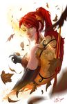  autumn_leaves blonde_hair elbow_gloves forehead_protector gloves green_eyes highres long_hair md5_mismatch nikusenpai polearm ponytail pyrrha_nikos red_hair resized rwby sad_smile shield smile solo spear spoilers tears upscaled weapon 