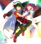  1girl absurdres ahoge blue_eyes carrying choker goggles goggles_on_head green_hair highres hiiragi_yuzu jacket_on_shoulders jewelry multicolored_hair necklace necktie pendant pink_hair red_eyes red_hair sakaki_yuuya school_uniform short_twintails thighhighs twintails two-tone_hair yuu-gi-ou yuu-gi-ou_arc-v zeke_(analogmon) zettai_ryouiki 