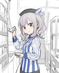  beret blush commentary convenience_store employee_uniform grey_eyes hat kantai_collection kashima_(kantai_collection) kinosuke_(sositeimanoga) lawson looking_to_the_side shirt shop silver_hair solo striped striped_shirt twintails uniform vertical-striped_shirt vertical_stripes wavy_hair 