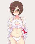  blush bow breasts brown_hair cat_cutout cat_ear_panties cat_lingerie cleavage cleavage_cutout contrapposto cowboy_shot dress_shirt fang glasses green_eyes idolmaster idolmaster_cinderella_girls looking_away maekawa_miku medium_breasts meme_attire navel off_shoulder open_mouth panties red-framed_eyewear shirt short_hair side-tie_panties solo sr_soba standing underwear 