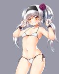  bikini blush breasts choker ereraero flower grey_background grin hair_flower hair_grab hair_ornament hairband heart jewelry long_hair navel original pendant side-tie_bikini silver_hair simple_background small_breasts smile solo standing swimsuit twintails wristband yellow_eyes 