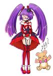  bakusai bear black_hat blush bow closed_eyes creature cure_magical embarrassed full_body hair_bow hat izayoi_liko long_hair magical_girl mahou_girls_precure! mini_hat mini_witch_hat mofurun_(mahou_girls_precure!) panties precure purple_hair red_bow red_footwear red_legwear red_skirt ruby_style shoes skirt skirt_lift standing striped striped_bow thigh_strap thighhighs twintails underwear white_background white_panties witch_hat 
