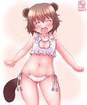 animal_ears ass_visible_through_thighs bangs bare_shoulders blush bra brown_hair cat_cutout cat_ear_panties cat_lingerie cleavage_cutout dated hair_between_eyes highres kanon_(kurogane_knights) kantai_collection kemonomimi_mode meme_attire navel open_mouth panties raccoon_ears raccoon_tail round_teeth short_hair side-tie_panties smile solo standing stomach tail teeth underwear underwear_only white_bra white_panties yukikaze_(kantai_collection) 