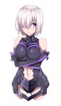  3: armor bare_shoulders black_armor blush breast_hold breasts cowboy_shot cropped_legs crossed_arms elbow_gloves fate/grand_order fate_(series) gloves hair_over_one_eye highres impossible_clothes large_breasts lonwi21 looking_away mash_kyrielight navel navel_cutout pink_hair purple_eyes shiny shiny_clothes short_hair simple_background solo white_background 