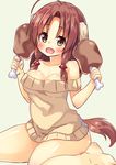  animal_ears asa_no_ha bare_shoulders barefoot breasts brown_hair cleavage dog_ears dog_tail fang highres medium_breasts original short_hair solo sweater tail 