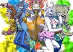  3boys ;d amu_(doubutsu_sentai_zyuohger) arms_up blue_jacket blue_pants breasts brown_footwear claws commentary_request cropped_jacket doubutsu_sentai_zyuohger floral_print fox_mask fur_jacket hairband high_heels highres index_finger_raised jacket kiwa_(pokemonwars) kyuemon_izayoi leo_(doubutsu_sentai_zyuohger) long_sleeves looking_at_viewer mask medium_breasts multicolored multicolored_background multiple_boys multiple_girls one_eye_closed open_clothes open_jacket open_mouth pants pink_hairband pink_shorts profile puffy_shorts ribbon ribbon-trimmed_sleeves ribbon_trim sera_(doubutsu_sentai_zyuohger) sharp_teeth shoes shorts shuriken_sentai_ninninger silver_eyes slit_pupils small_breasts smile super_sentai tail tassel teeth tusk_(doubutsu_sentai_zyuohger) whiskers white_jacket white_ribbon wide_sleeves 