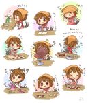  1girl :3 ? animal_ears apron brown_hair cat_ears cat_tail chen chocolate chocolate_making closed_eyes closed_mouth commentary flying_sweatdrops heart ibaraki_natou jewelry long_sleeves multiple_tails nekomata short_hair single_earring sleeves_rolled_up solo tail touhou translated two_tails valentine 