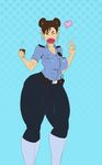  1girl alternate_costume chun-li coffee cup double_buns doughnut food food_in_mouth full_body hair_bun heart kikoshou looking_at_viewer police_uniform policewoman solo street_fighter street_fighter_v thick_thighs v wide_hips wink 