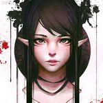 artist_name bangs black_hair blood blood_splatter blush closed_mouth elf expressionless facepaint facial_mark green_eyes guweiz lips long_hair looking_at_viewer nose_blush original pointy_ears red_pupils sidelocks simple_background solo splatter swept_bangs upper_body white_background 