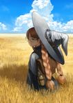  aqua_hair backpack bag braid cloud day glasses goggles hat long_hair looking_back mage_(replica) original sky solo standing twin_braids twintails very_long_hair wheat wheat_field witch_hat 