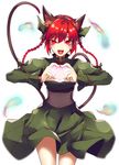  animal_ears bad_id bad_twitter_id bow braid cat_ears cat_tail corset dress eredhen extra_ears fangs green_dress hair_bow heart heart_hands hitodama jpeg_artifacts kaenbyou_rin long_hair long_sleeves looking_at_viewer multiple_tails open_mouth pointy_ears puffy_sleeves red_eyes red_hair simple_background smile solo tail touhou turtleneck twin_braids upskirt white_background 