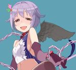  :d aqua_background bangs bare_shoulders black_wings blush breasts brown_eyes chain cleavage_cutout collar crop_top cuffs dog_collar elbow_gloves feathered_wings gloves hair_flaps hair_ornament hairclip heart heart_cutout idolmaster idolmaster_cinderella_girls koshimizu_sachiko looking_at_viewer midriff open_mouth pinstripe_pattern purple_hair short_hair sideboob small_breasts smile solo sparkle sparkling_eyes striped wings yuuki_(irodo_rhythm) 