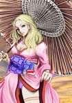  absurdres blonde_hair breasts claymore cleavage clothes_lift highres japanese_clothes kimono kimono_lift long_hair medium_breasts obi panties parasol purple_panties raven252 sash silver_eyes solo teresa_(claymore) umbrella underwear 