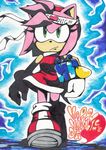  1girl amy_rose boots dress footwear furry gloves green_eyes headband pink_hair present sega short_hair solo sonic_the_hedgehog text valentine 