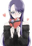  bare_shoulders black_shirt blue_eyes box flower glasses heart heart-shaped_box heartcatch_precure! long_hair looking_at_viewer precure purple_hair shirt smile solo sweater tsukikage_oyama tsukikage_yuri valentine white_background 