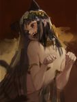  animal_ears arched_back armband bare_shoulders black_hair brown_eyes collar collarbone egyptian fangs highres hime_cut long_hair looking_back nanbo_ataru_(attall) navel paw_pose sharp_teeth sketch solo tail teeth 