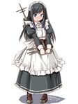  alternate_costume apron asashio_(kantai_collection) black_dress black_hair black_legwear blue_eyes blush cannon chestnut_mouth dress enmaided kantai_collection long_hair machinery maid maid_apron maid_headdress open_mouth pantyhose puffy_sleeves rigging skirt solo tatsumi_ray turret 