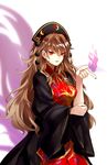  bad_id bad_twitter_id black_dress brown_hair chinese_clothes dress eredhen fox_tail hat jpeg_artifacts junko_(touhou) long_hair long_sleeves multiple_tails nail_polish open_mouth red_eyes simple_background smile solo tabard tail touhou white_background wide_sleeves 
