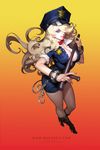  :q blonde_hair blue_eyes boots breasts chain cleavage cuffs dean_holdeen hair_over_one_eye handcuffs high_heels large_breasts miniskirt police police_uniform policewoman skirt solo tonfa tongue tongue_out uniform weapon 