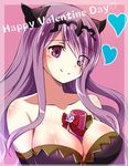  between_breasts blush breasts camilla_(fire_emblem_if) cleavage eyes_visible_through_hair fire_emblem fire_emblem_if gift gift_between_breasts hair_over_one_eye happy_valentine large_breasts long_hair purple_eyes purple_hair shira_yu_ki solo valentine 