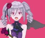  :d asymmetrical_wings black_wings curly_hair drill_hair feathered_wings flower frills gothic_lolita hair_between_eyes hair_flower hair_ornament hair_ribbon idolmaster idolmaster_cinderella_girls kanzaki_ranko lolita_fashion looking_at_viewer open_mouth pink_background red_eyes ribbon rose rosenburg_engel silver_hair simple_background smile solo sparkle sparkling_eyes twin_drills twintails upper_body white_wings wide-eyed wings yuuki_(irodo_rhythm) 