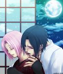  1girl 2010 artist_name asha3 black_hair cloud colorized comforting couple dated derivative_work food fruit grapes green_eyes haruno_sakura hetero highres kazuki_yone moon naruto_(series) naruto_shippuuden night pink_hair uchiha_sasuke watermark 