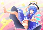  bad_feet barefoot blue_eyes blue_hair blush bow cirno dress feet foreshortening halo hat one_eye_closed open_mouth ryosios short_hair smile soles solo star toes touhou wings 