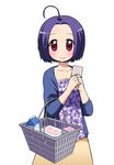  basket blue_hair groceries idolmaster idolmaster_(classic) idolmaster_2 joey_hanma miura_azusa paper red_eyes short_hair solo 