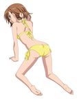  all_fours ass barefoot bikini brown_eyes brown_hair butt_crack feet highres legs long_legs looking_back misaka_mikoto short_hair side-tie_bikini smile_(rz) solo swimsuit to_aru_kagaku_no_railgun to_aru_majutsu_no_index 