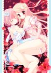  blush breasts brown_hair closed_eyes dress elbow_gloves flower frills gloves holding_hands legs long_hair medium_breasts mizore_maji multiple_girls original panties pink_hair red_eyes short_hair underwear yuri 