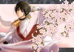  akebi_(kakuri) axis_powers_hetalia bad_id bad_pixiv_id black_hair cherry_blossoms flower from_behind japan_(hetalia) kikumon male_focus military military_uniform solo uniform yellow_eyes 