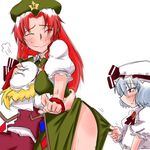  bakuya between_breasts blush breast_smother breasts clothes_grab flandre_scarlet glomp hand_on_another's_head happy head_between_breasts hong_meiling hug multiple_girls red_eyes red_hair remilia_scarlet side_ponytail sketch touhou 