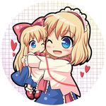  :&gt; alice_margatroid apron blonde_hair blue_eyes blush bow capelet dokuta doll doll_hug hair_bow hairband heart hug long_hair open_mouth ribbon shanghai_doll shawl short_hair smile solo touhou white_capelet 