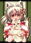  amaterasu animal animal_ears brown_eyes chibi chibiterasu facial_mark fang hair_ornament japanese_clothes kimono kuroneko_liger off_shoulder ookami_(game) side_ponytail smile tail white_hair wolf wolf_ears wolf_tail 