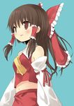  amaa_(chou_dennou_jidai) bangs bare_shoulders blue_background bow breasts brown_eyes brown_hair detached_sleeves frilled_bow frilled_hair_tubes frills hair_bow hair_tubes hakurei_reimu long_hair midriff red_bow red_ribbon red_shirt ribbon ribbon-trimmed_sleeves ribbon_trim shirt simple_background sleeveless sleeveless_shirt small_breasts smile solo touhou white_collar white_sleeves yellow_neckwear 