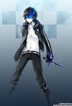  bad_id bad_pixiv_id black_rock_shooter black_rock_shooter_(character) black_rock_shooter_(character)_(cosplay) burning_eye checkered cosplay i-riya kaito male_focus navel open_clothes open_shirt shirt solo sword vocaloid weapon 