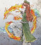  braid china_dress chinese_clothes dragon dress enola_(ebanataw) fighting_stance fire hat hong_meiling long_hair pants pants_under_dress red_eyes red_hair solo star touhou twin_braids 