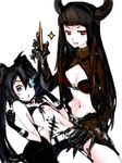  banned_artist bikini_top black_gold_saw black_hair black_rock_shooter black_rock_shooter_(character) calligraphy_brush horns ink long_hair multiple_girls paintbrush red_eyes scar shorts tegaki tribute 